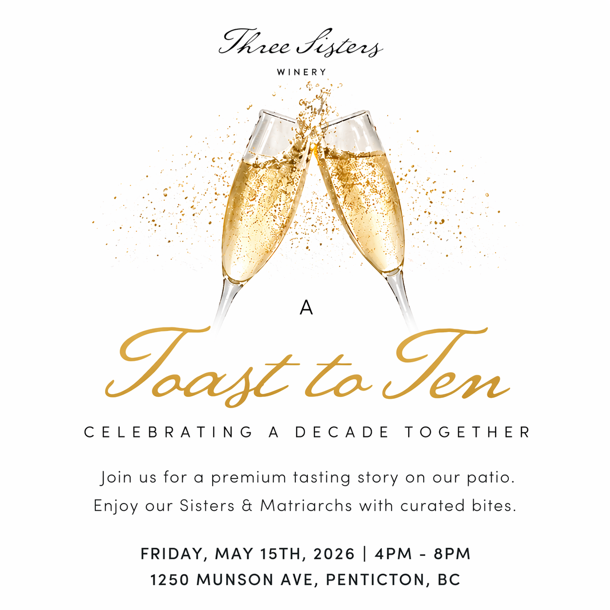 Two champagne glasses clinking in celebration at Three Sisters Winery event.